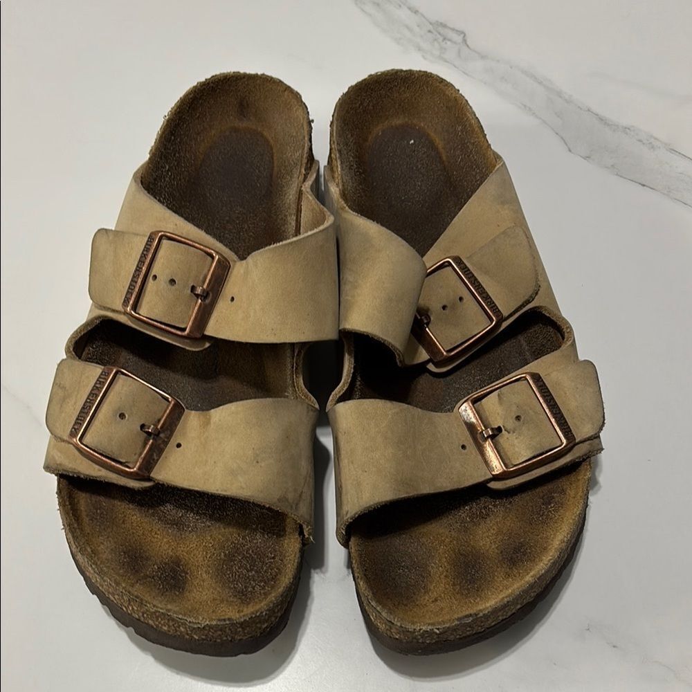 Tan Double Strap Sandals with Buckles